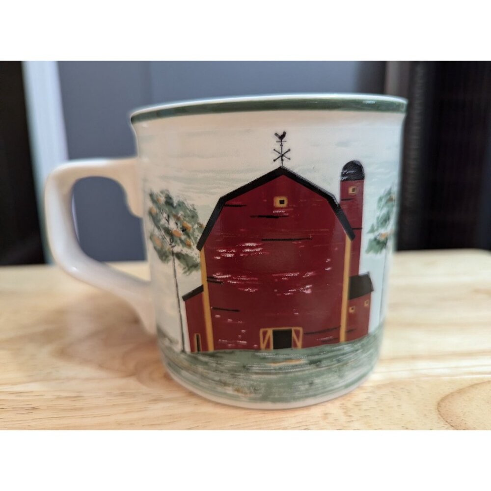 Tienshan Stoneware Praire mug Red Barn dual side‎ image green rim trim country